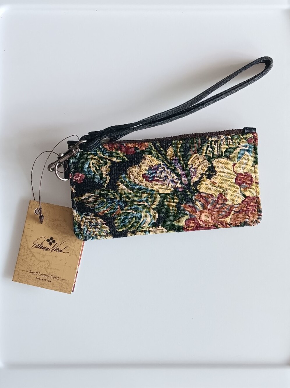Patricia Nash Leather Woven Floral Tapestry Wristlet Card Wallet Almeria Black - Picture 7 of 12